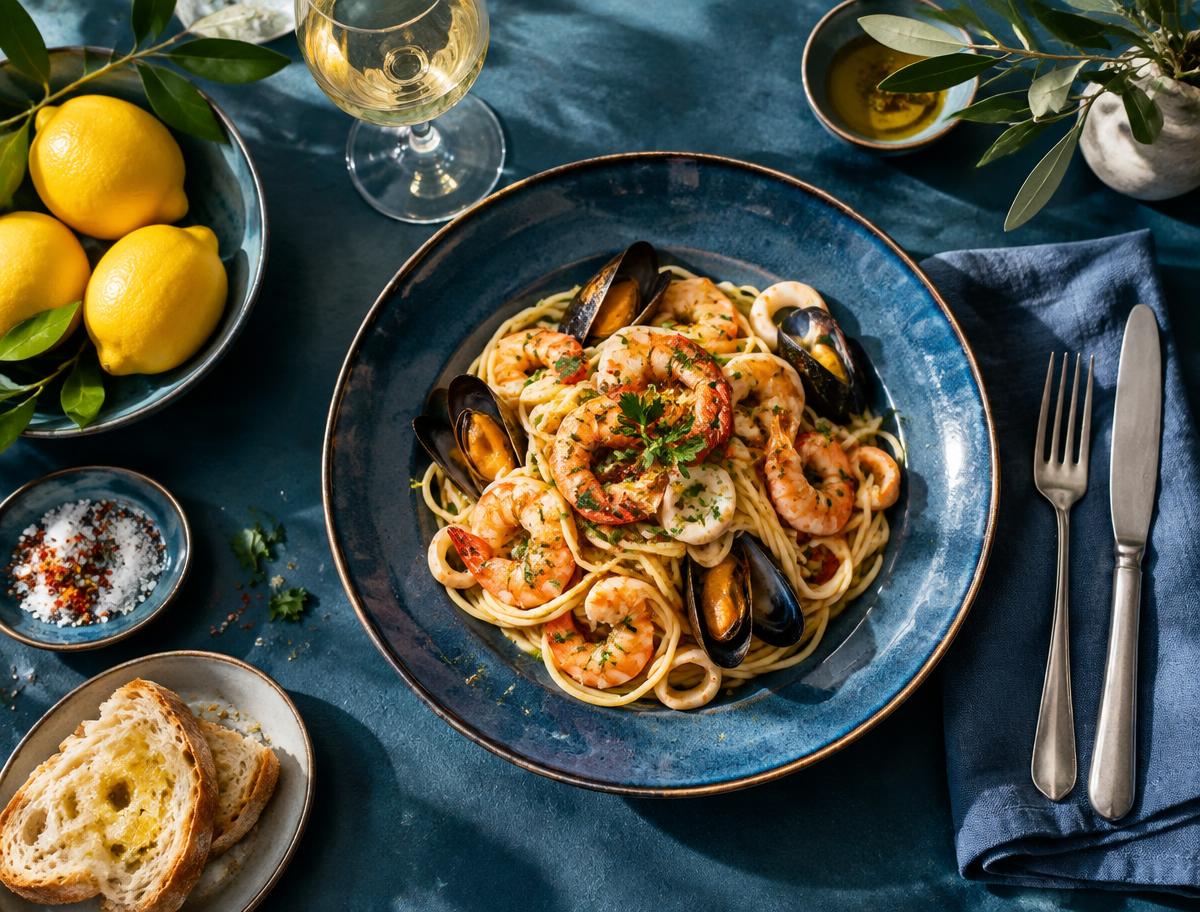 Restaurant campaign with seafood, blue ceramics and golden lemons