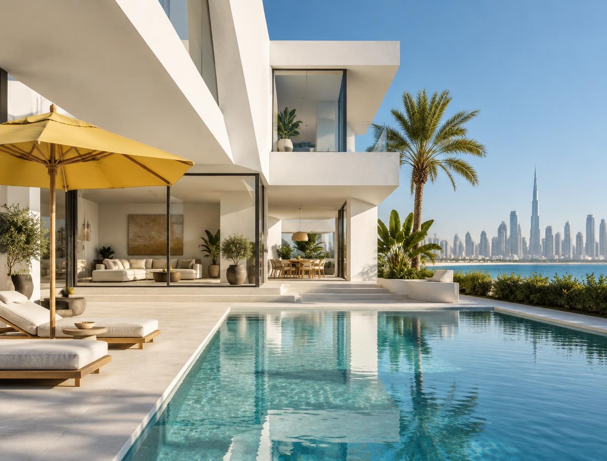 Contemporary Dubai property with a pool and yellow parasol