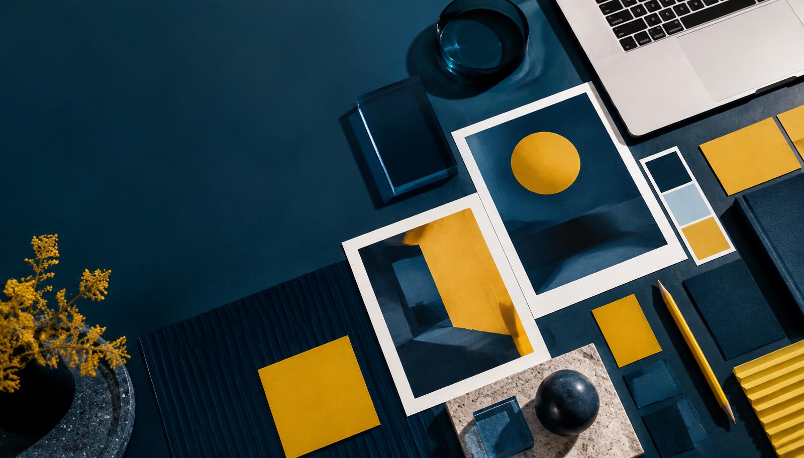 Blue and gold brand identity materials